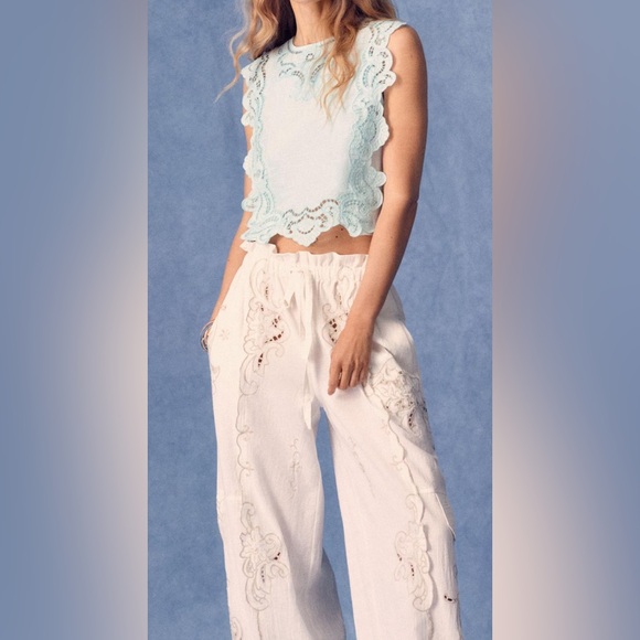 Anthropologie Tops - Anthropologie cut lace baby blue hanky blouse size XL